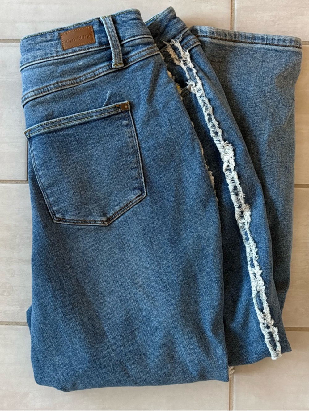 Judy Blue Straight Leg Jeans with Raw-Edge Side Trim - Blue, Size 14W